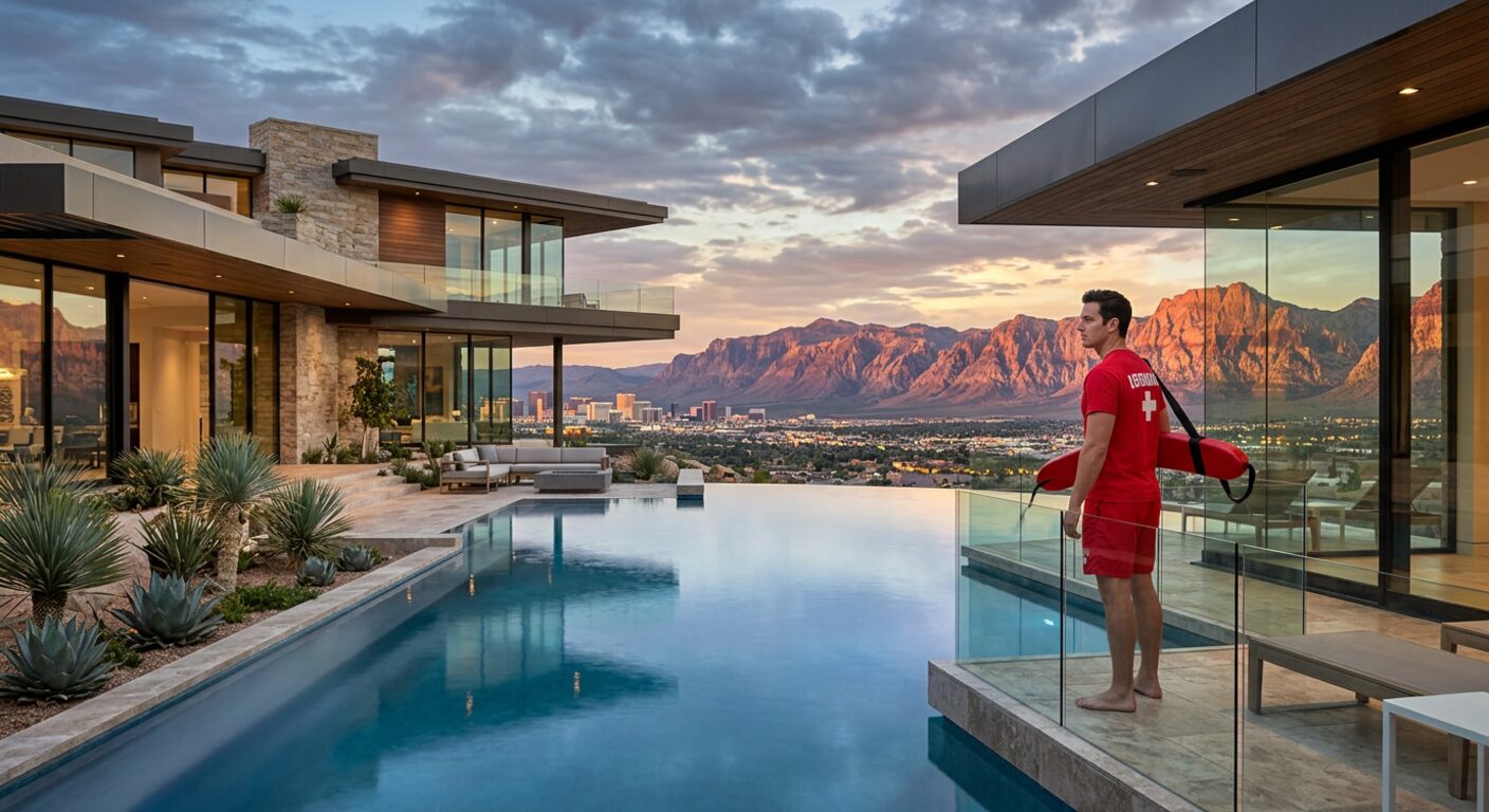 Contemporary Summerlin desert-modern estate with infinity pool overlooking the Las Vegas Valley and Red Rock Canyon at golden hour with professional lifeguard